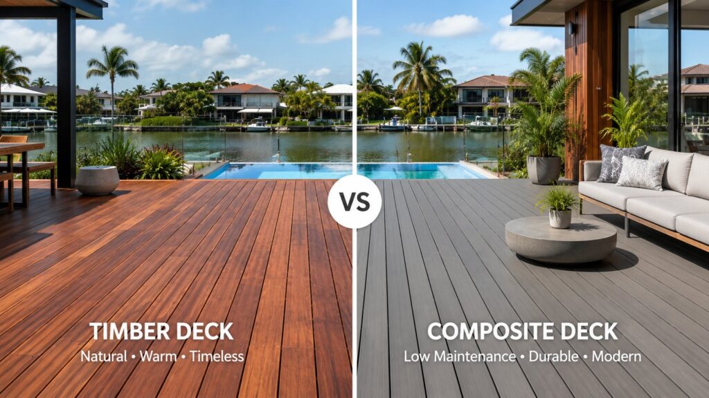 Comparison between hardwood timber decking and modern composite decking.