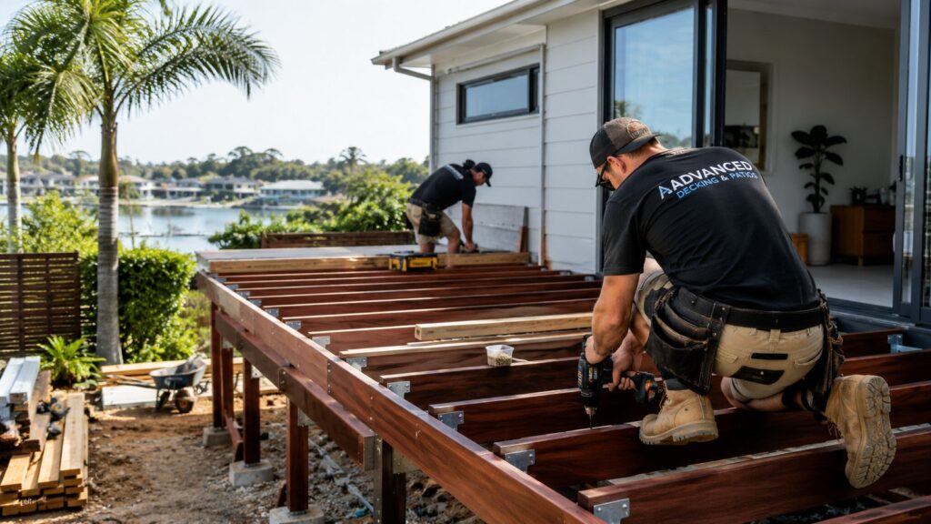 Deck Builders Arundel 2 Professional deck builders constructing a raised timber deck frame at a Queensland home.