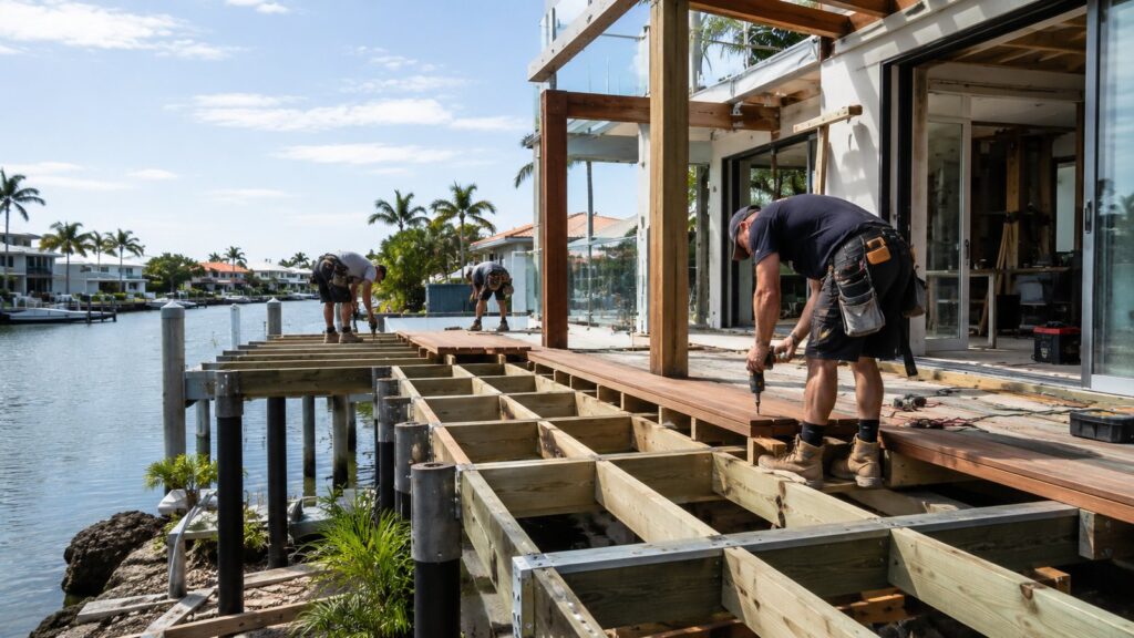 Professional builders installing an elevated waterfront deck at a canal-side property.