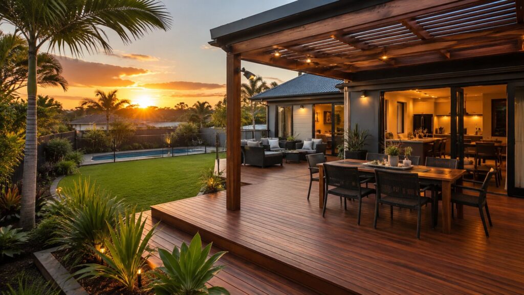 Modern timber deck at a Gaven home with outdoor dining and landscaped backyard during sunset.