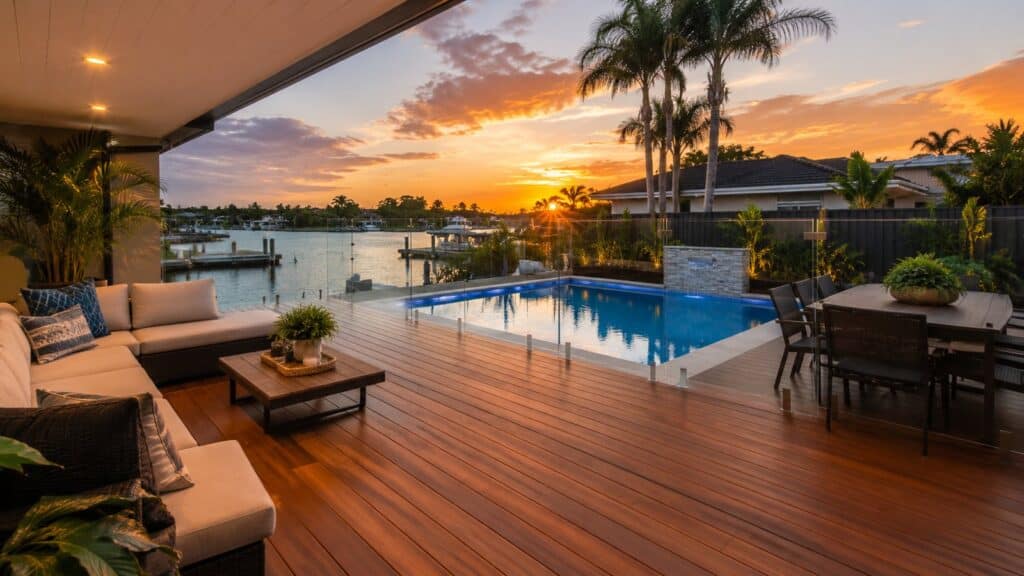 Modern timber deck beside a pool at a coastal Labrador home during sunset.