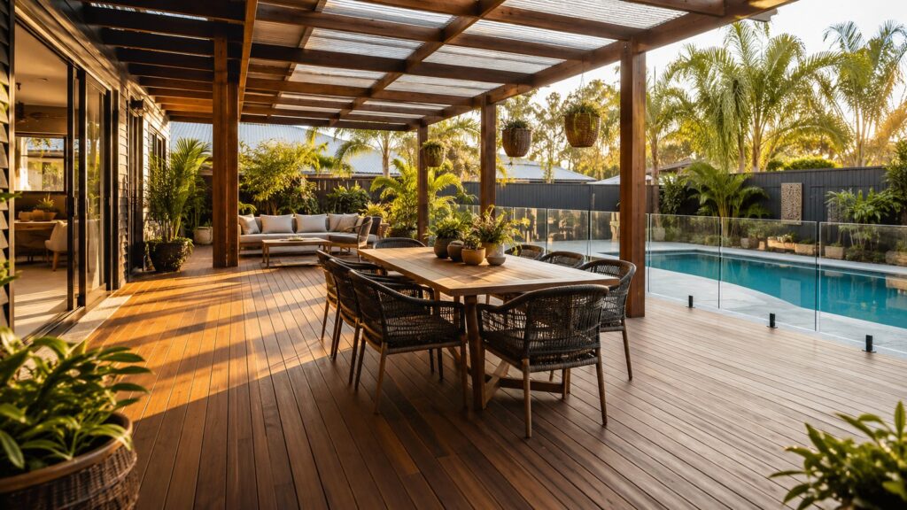 Deck Builders Merrimac 1 Modern timber deck with pergola and outdoor dining area in a Gold Coast backyard.
