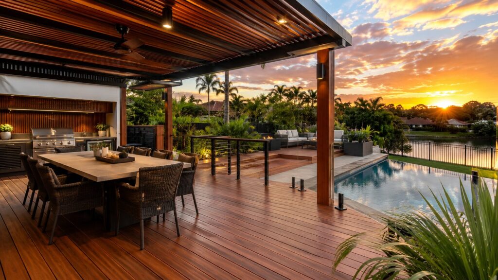 Deck Builders Parkwood 1 Luxury outdoor timber and composite deck with pergola and pool entertainment area in a modern Parkwood home.