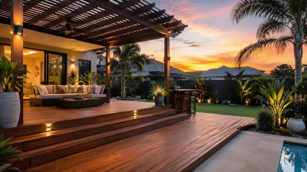 Deck Builders Molendinar 1 Modern timber deck with pergola and outdoor seating in a Gold Coast backyard at sunset.