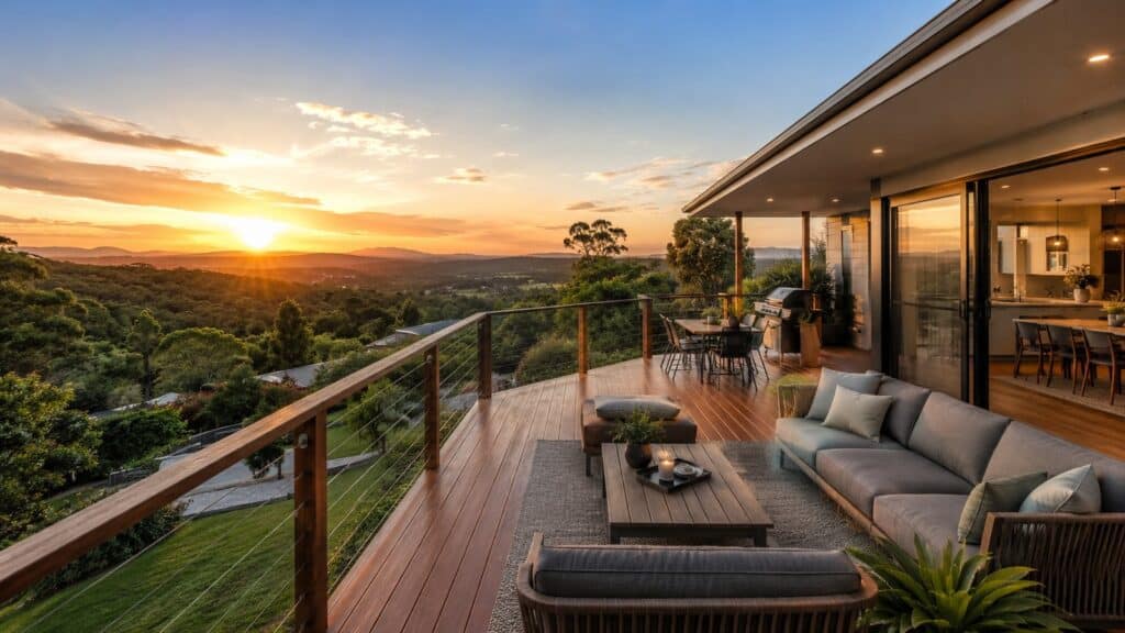 Deck Builders Mudgeeraba 1 Elevated timber deck overlooking the Mudgeeraba hinterland with outdoor seating and sunset views.