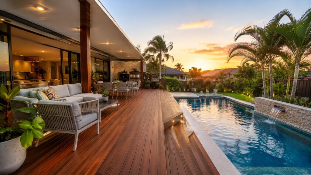Deck Builders Arundel 1 Luxury timber deck beside a pool at a modern Queensland home designed for outdoor entertaining.