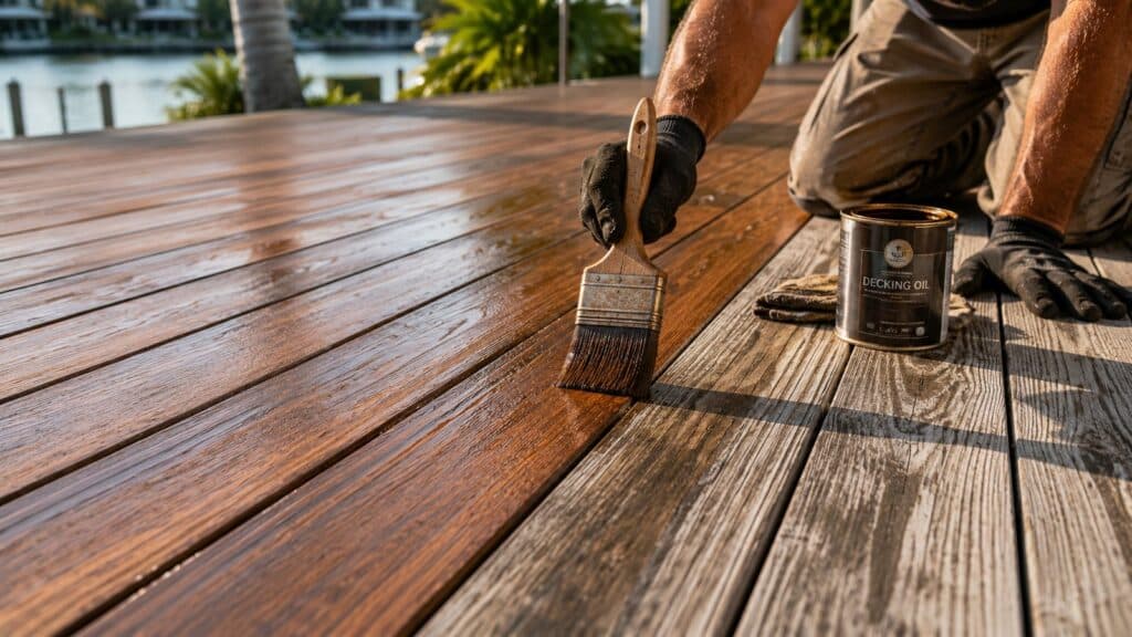 Professional restoring and oiling a weathered timber deck outdoors.
