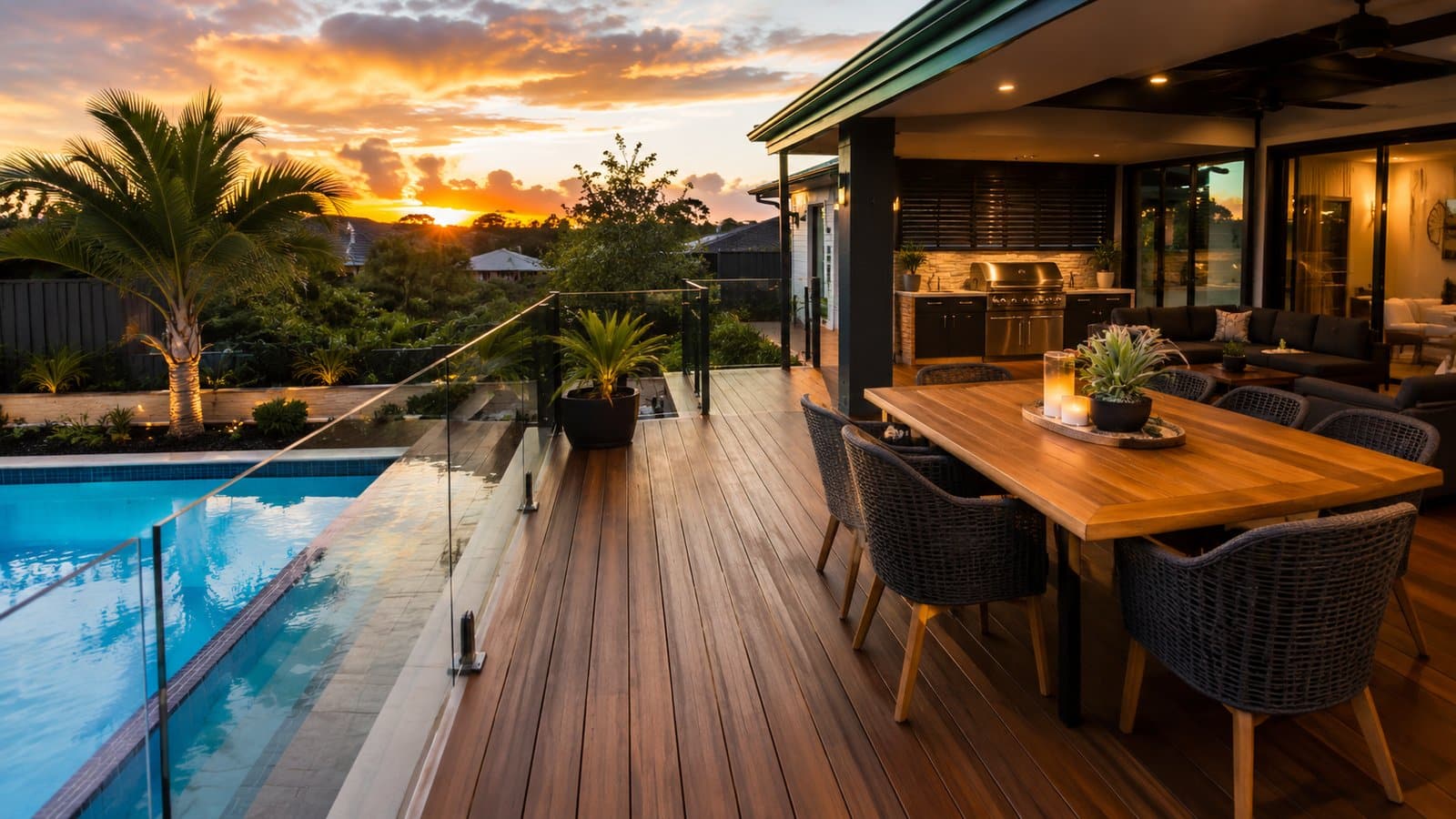 Modern timber entertaining deck beside a pool at sunset in a family home.