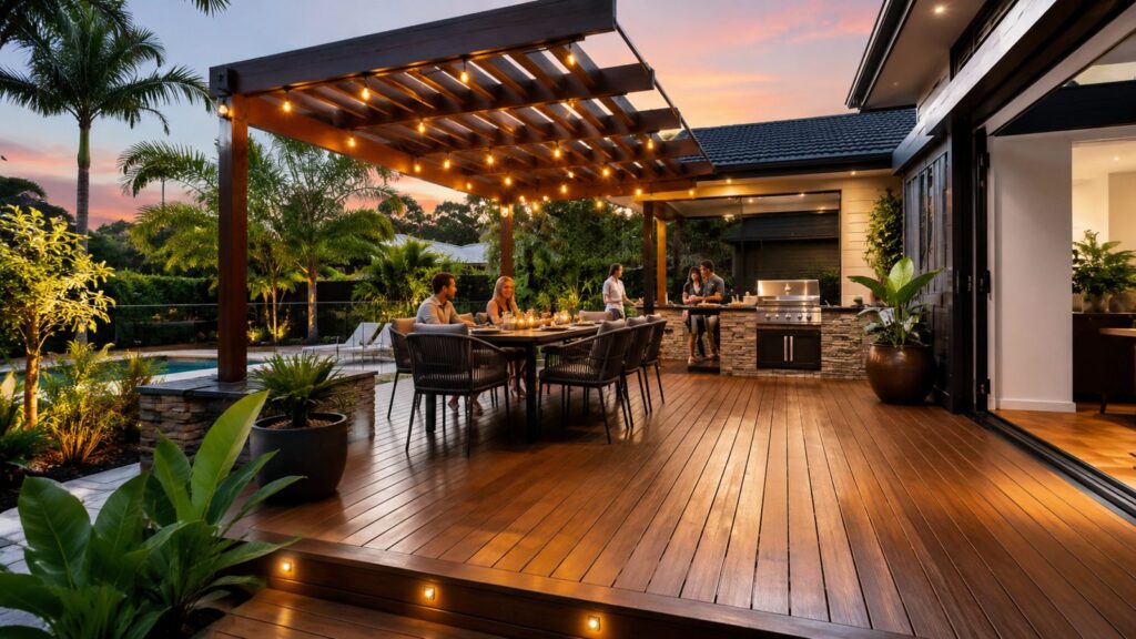 Deck Builders Pimpama 1 Modern timber deck and pergola in a Queensland backyard designed for outdoor entertaining.