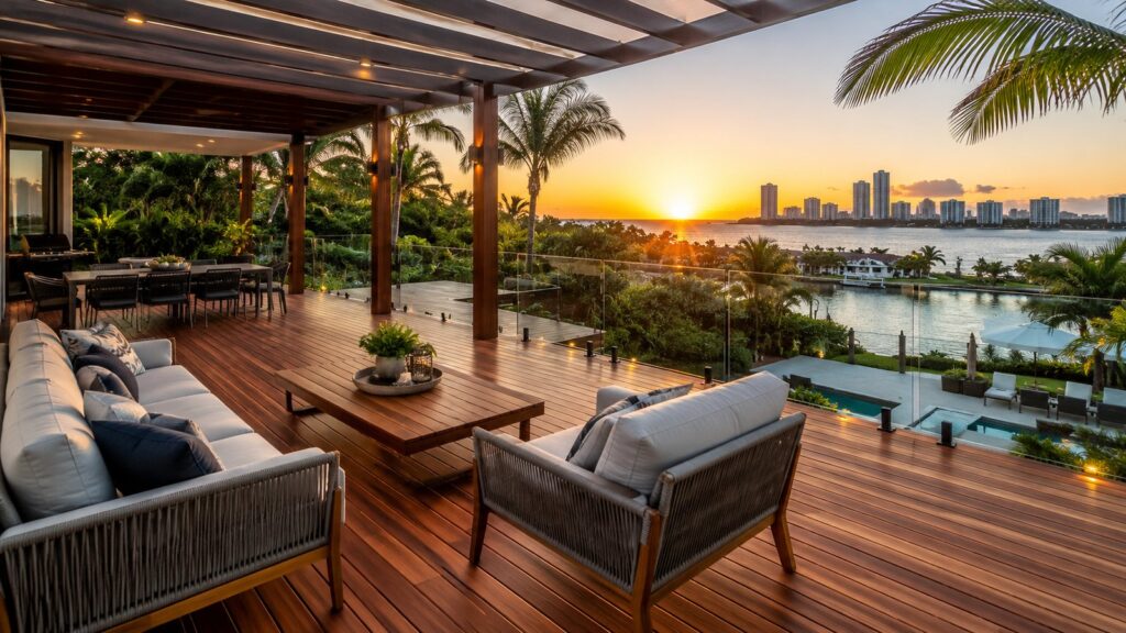 Luxury timber entertainment deck overlooking a coastal backyard at sunset in Surfers Paradise.