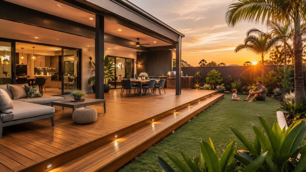 Deck Builders Upper Coomera 1 Modern Upper Coomera backyard with timber decking, covered patio, and outdoor entertainment area at sunset.