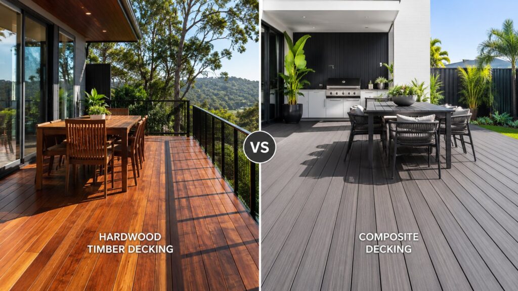 Deck Builders Mudgeeraba 2 Comparison of timber decking and composite decking materials in a modern outdoor space.