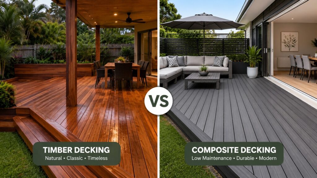Deck Builders Hope Island 2 Comparison between natural timber decking and modern composite decking styles.