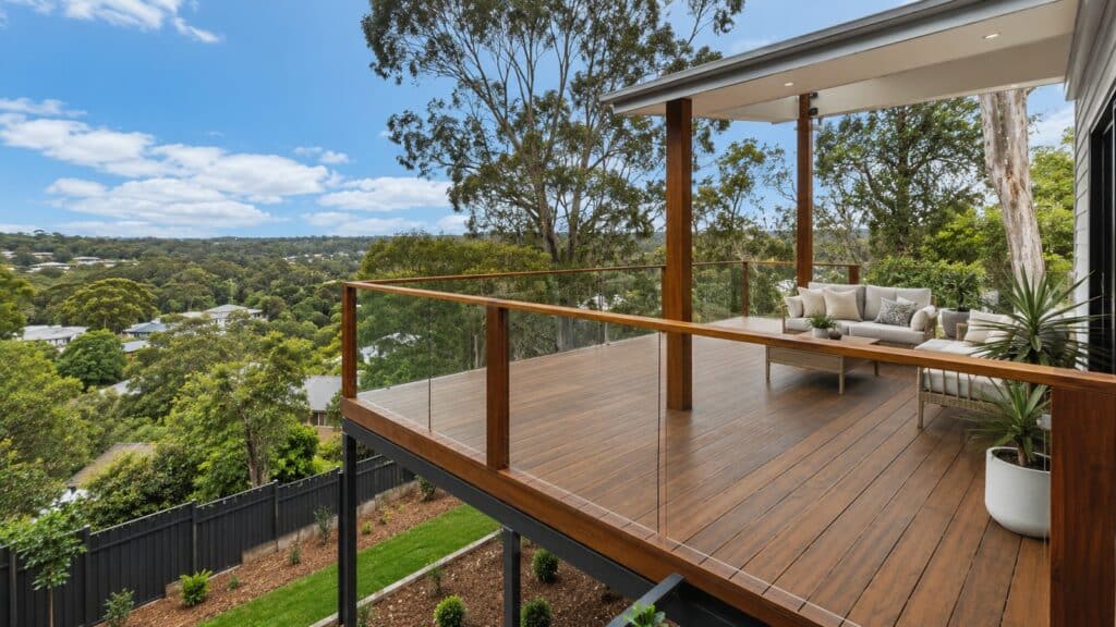 Deck Builders Upper Coomera 2 Elevated timber deck with glass balustrades built on a sloping residential property.