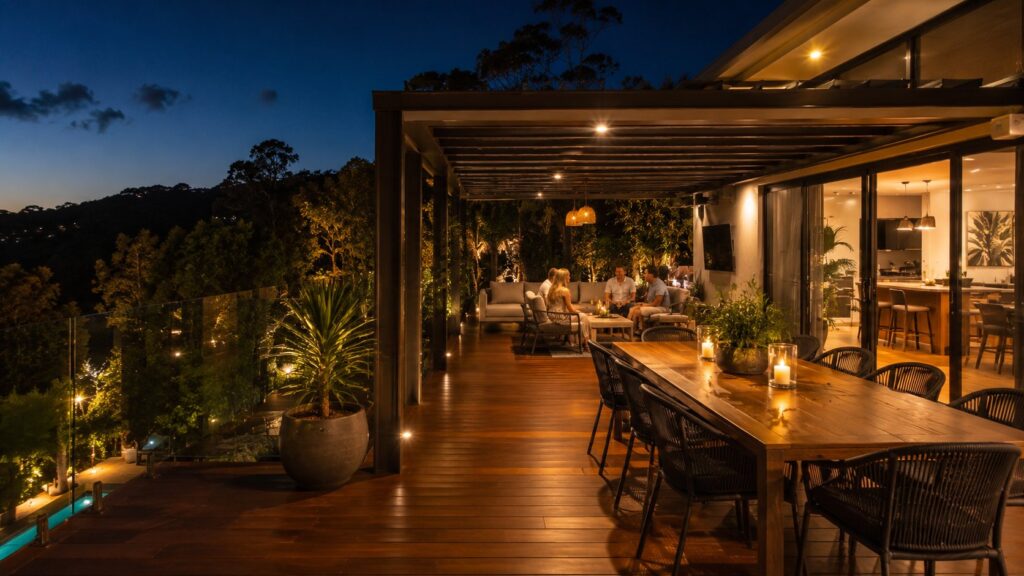 Stylish outdoor entertaining area with pergola lighting on a Gold Coast hinterland property at night.