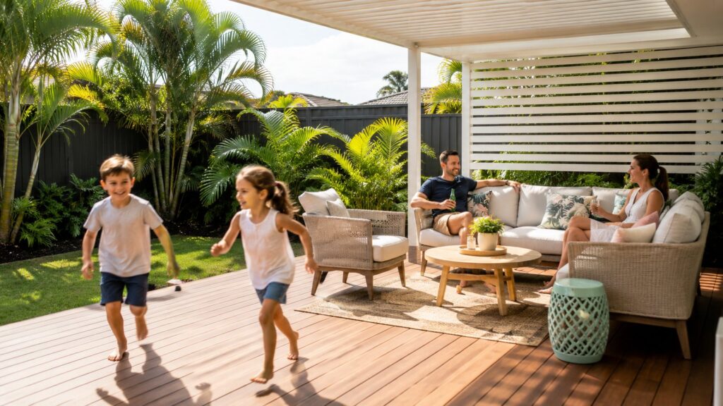Deck Builders Robina 3 Family enjoying a comfortable outdoor deck and pergola area at home.