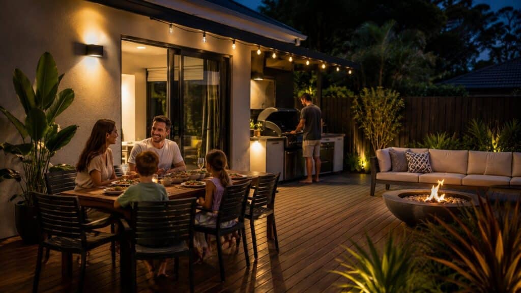 Family relaxing and entertaining on a modern outdoor deck with seating and BBQ area.