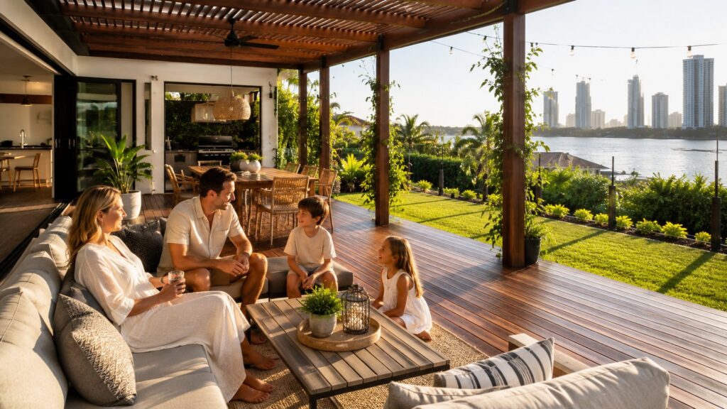Family enjoying a custom outdoor deck and entertainment area at a coastal home.