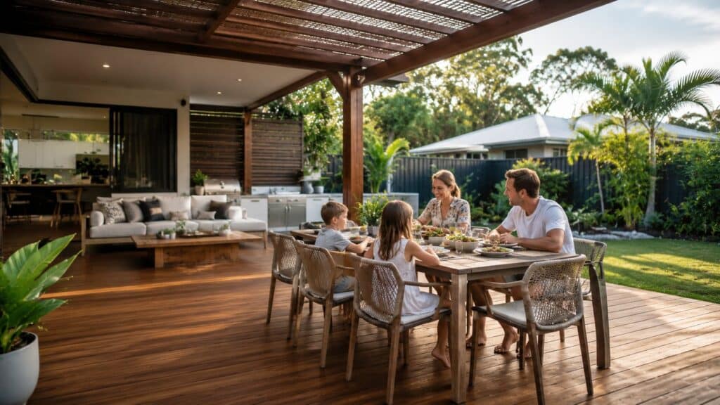 Deck Builders Molendinar 3 Family relaxing and dining in a covered outdoor entertainment area with decking.