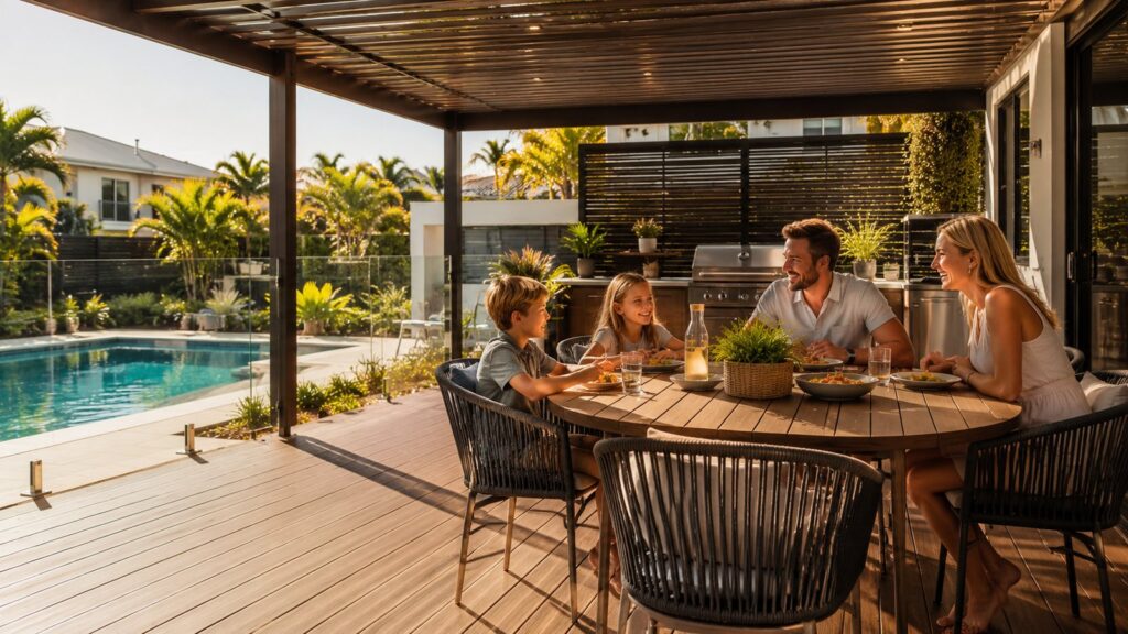 Deck Builders Mermaid Waters 2 Family enjoying a modern outdoor entertaining area with pergola and poolside decking.