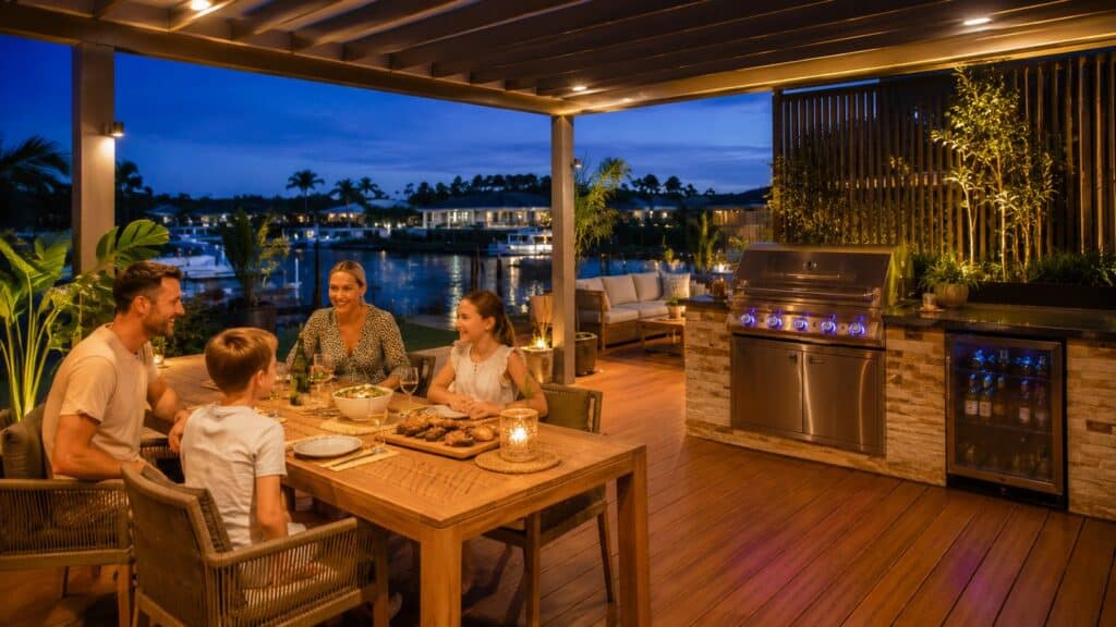 Family relaxing and entertaining under a pergola on a modern outdoor deck.