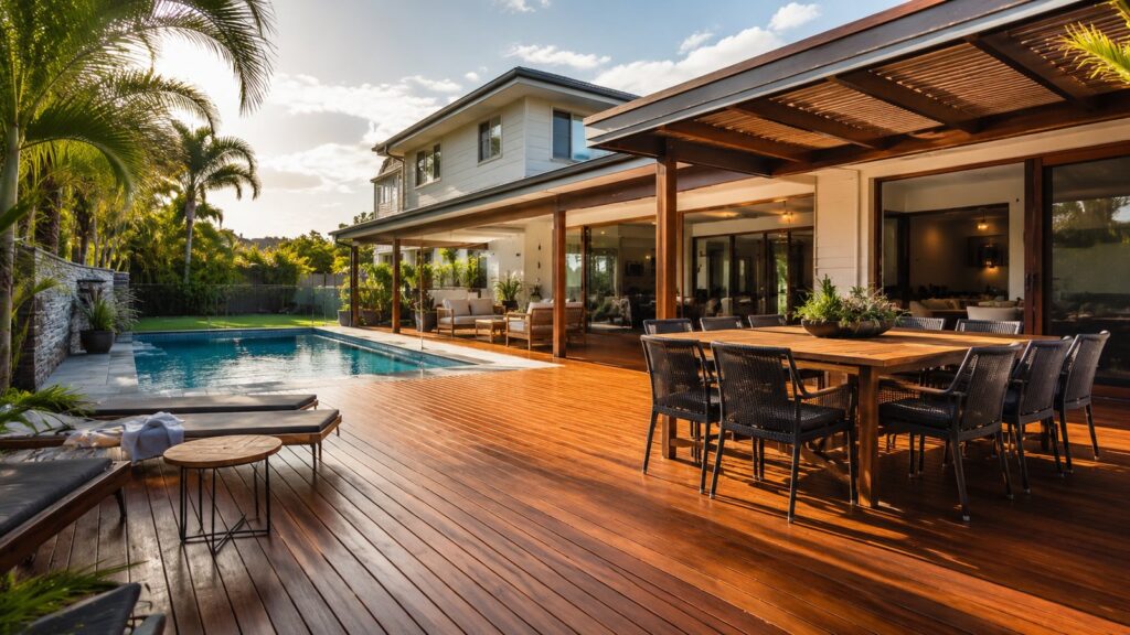 Modern Helensvale home with a timber deck, poolside entertaining area, and pergola designed for outdoor living.