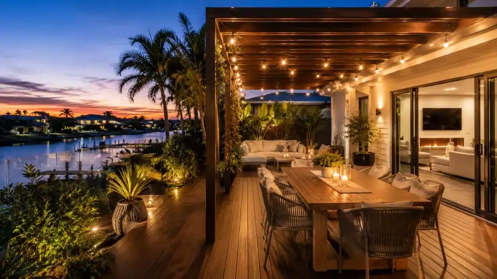 Stylish outdoor living area with pergola and deck lighting at dusk.