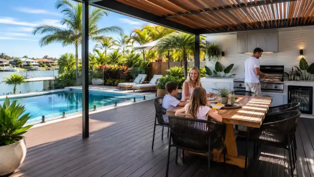 Family relaxing in a modern poolside outdoor entertainment area.