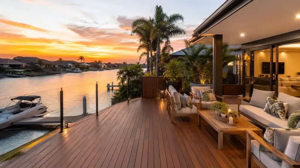 Luxury timber deck beside a waterfront home in Hollywell at sunset.