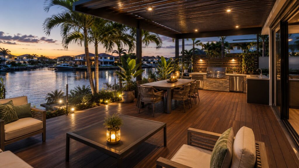 Deck Builders Mermaid Waters 3 Luxury outdoor living space with deck, pergola, and canal views in Mermaid Waters.