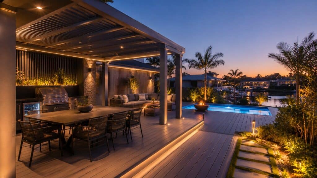 Luxury outdoor entertainment area with pergola and feature lighting at twilight.