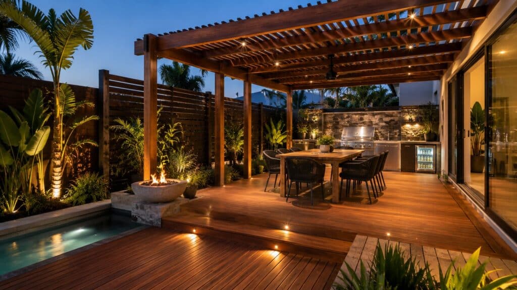 Modern outdoor living area featuring a timber deck, pergola, privacy screens, and landscaped entertaining space.