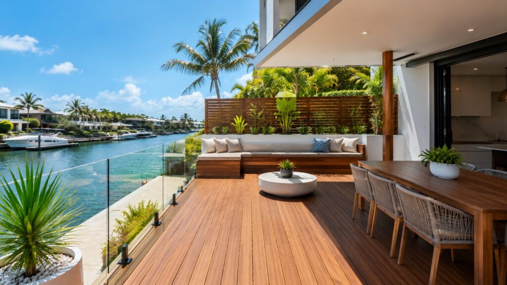 Deck Builders Hope Island 3 Modern coastal deck with glass balustrades and stylish outdoor features.