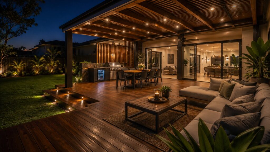 Deck Builders Upper Coomera 3 Stylish outdoor entertainment deck with pergola lighting and modern backyard seating at night.