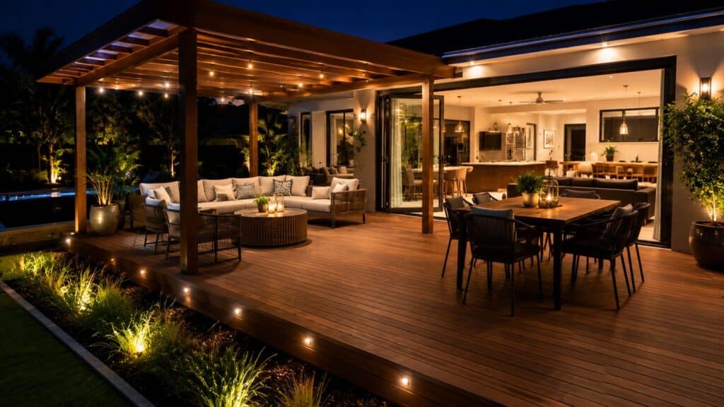 Deck Builders Pimpama 3 Stylish outdoor deck and pergola with ambient lighting creating a relaxing nighttime entertainment space.
