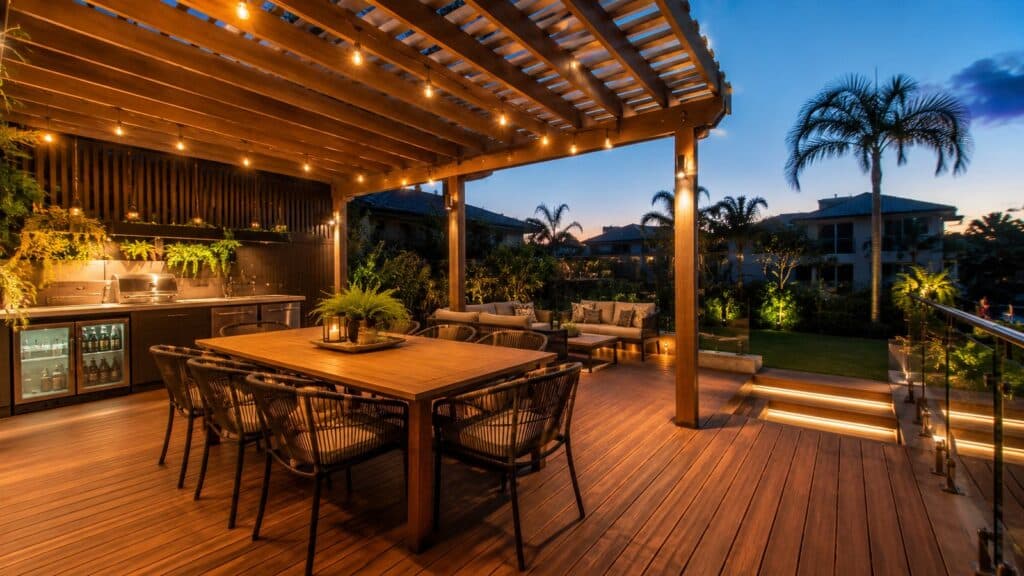 Deck Builders Coombabah 3 Modern outdoor entertainment area with pergola, dining space, and timber decking.