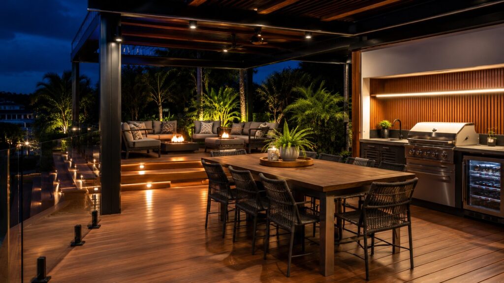 Deck Builders Parkwood 3 Modern outdoor deck with pergola, lighting, and outdoor kitchen designed for evening entertaining.