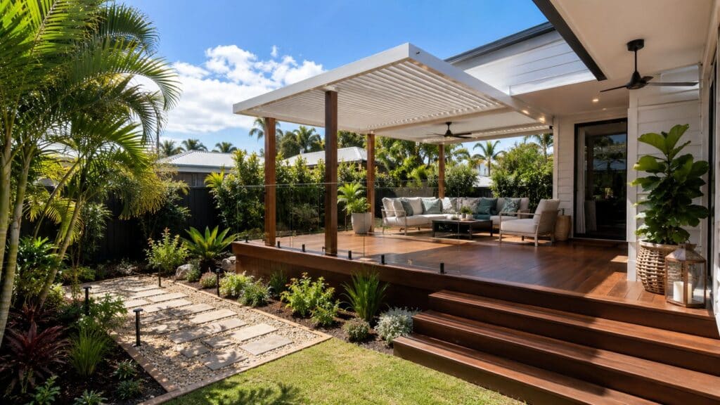 Deck Builders Robina 2 Completed coastal outdoor living area with deck, pergola, and landscaped backyard.