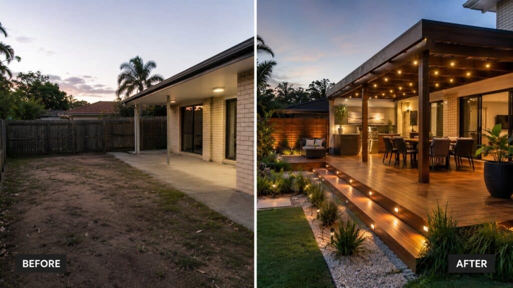 Deck Builders Runaway Bay 3 Transformed backyard featuring a new deck, pergola, and outdoor entertainment space.