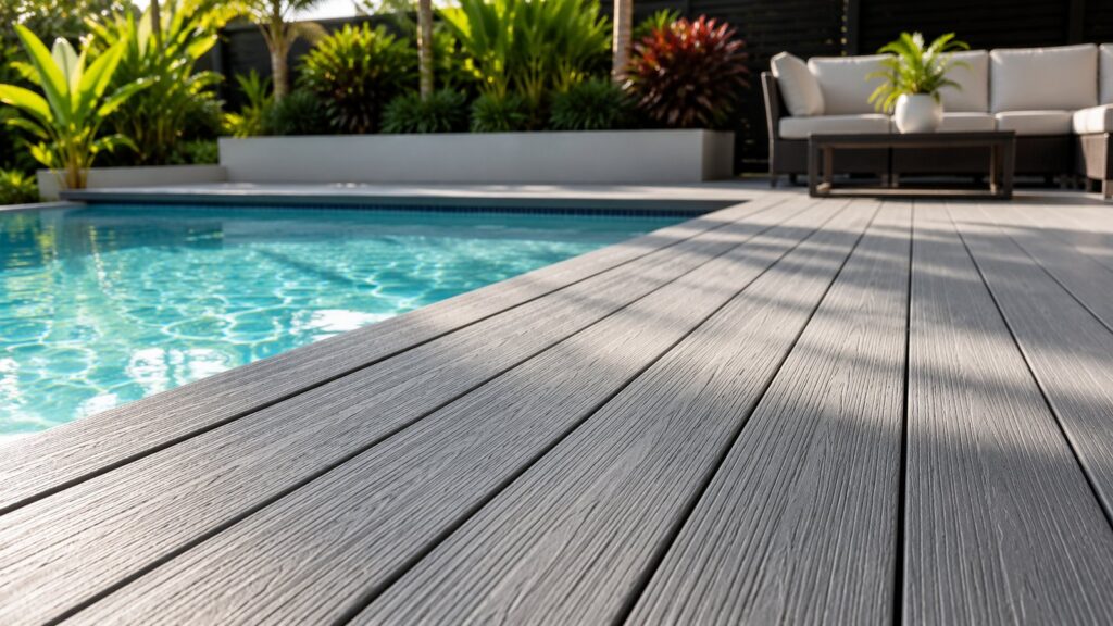 Deck Builders Parkwood 2 Modern composite decking installed around a swimming pool with a clean low-maintenance finish.