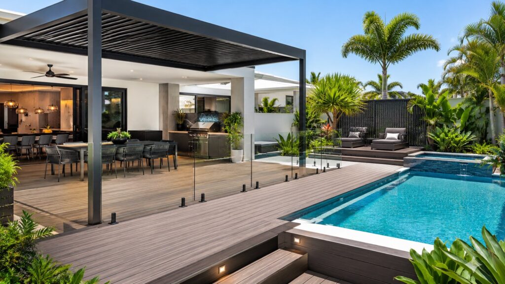 Deck Builders Mudgeeraba 3 Modern poolside entertaining area with composite decking, glass balustrades, and pergola.