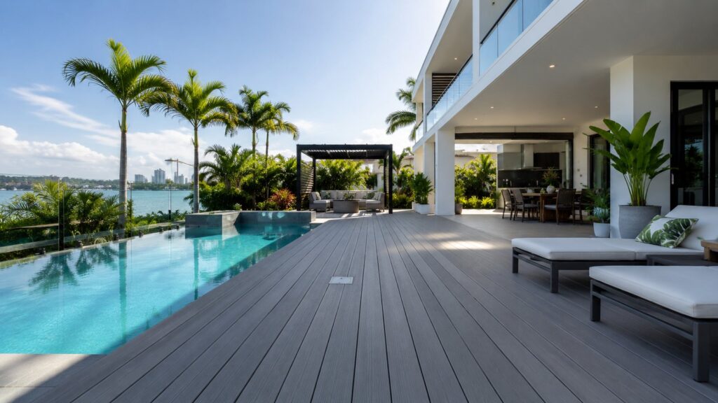 Modern composite pool deck beside a luxury swimming pool at a coastal home.