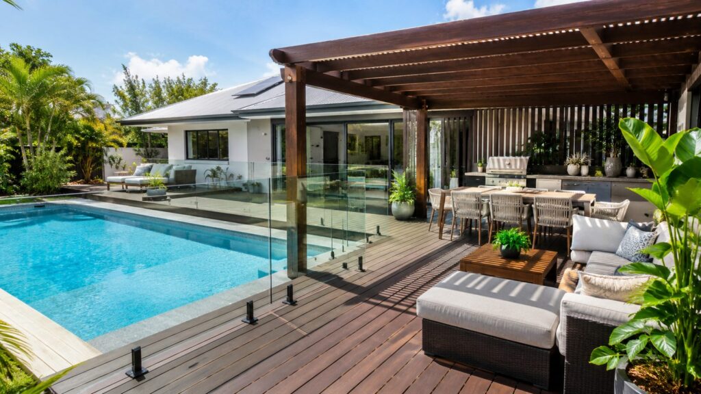 Deck Builders Pimpama 2 Poolside composite deck with pergola and glass fencing designed for stylish outdoor living.