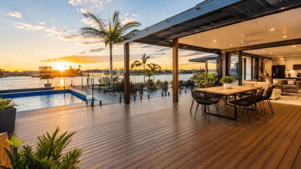 Luxury timber deck with pergola and poolside entertaining area at a modern Southport home.