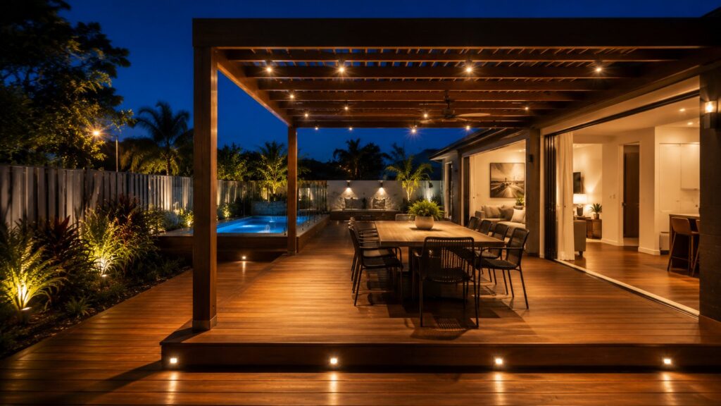 Modern outdoor deck illuminated at night with pergola and entertainment area.