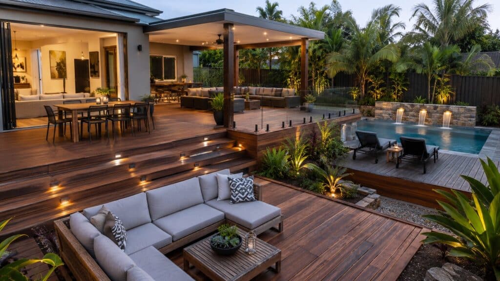 Split-level timber deck with outdoor dining and family entertainment spaces.