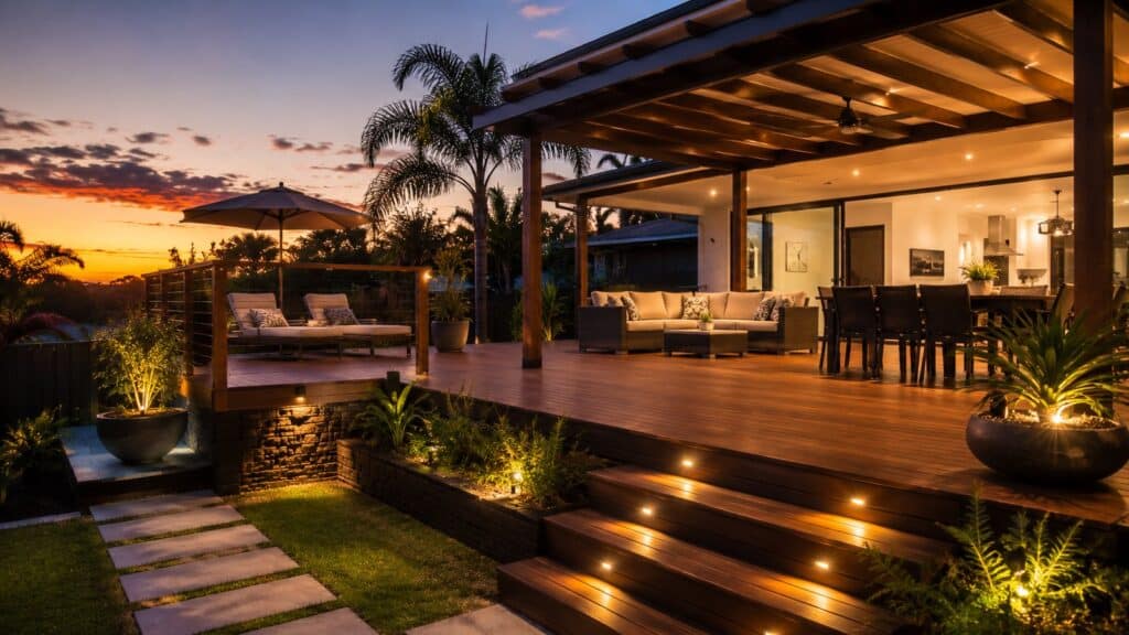 Completed outdoor deck and pergola area illuminated at sunset in a renovated backyard.