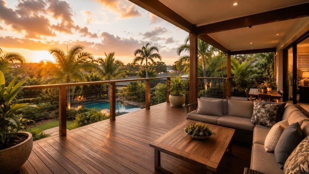Deck Builders Merrimac 3 Elevated timber deck overlooking a tropical backyard during sunset.