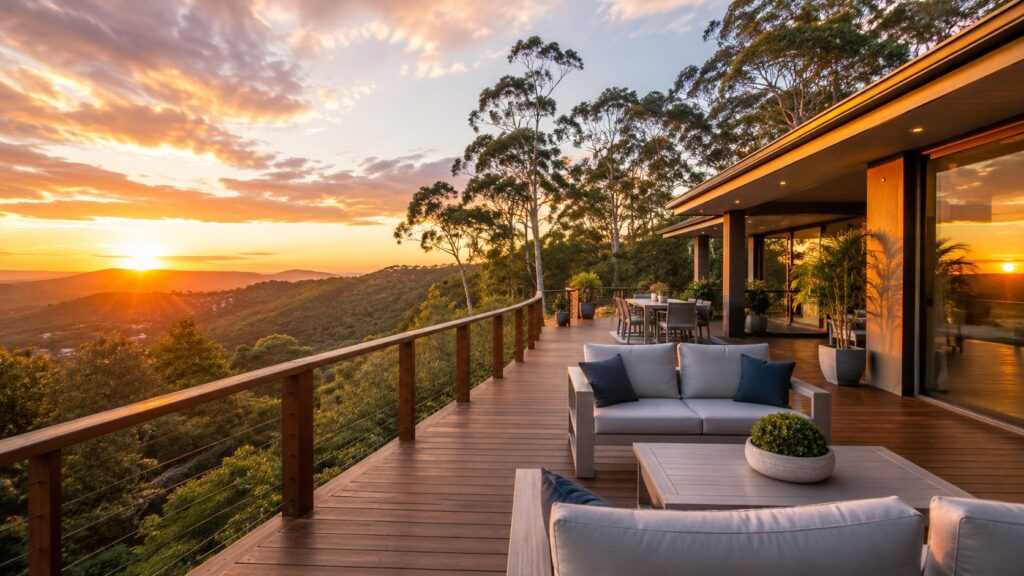 Luxury timber deck overlooking the Tallai hinterland at sunset on an elevated acreage property.