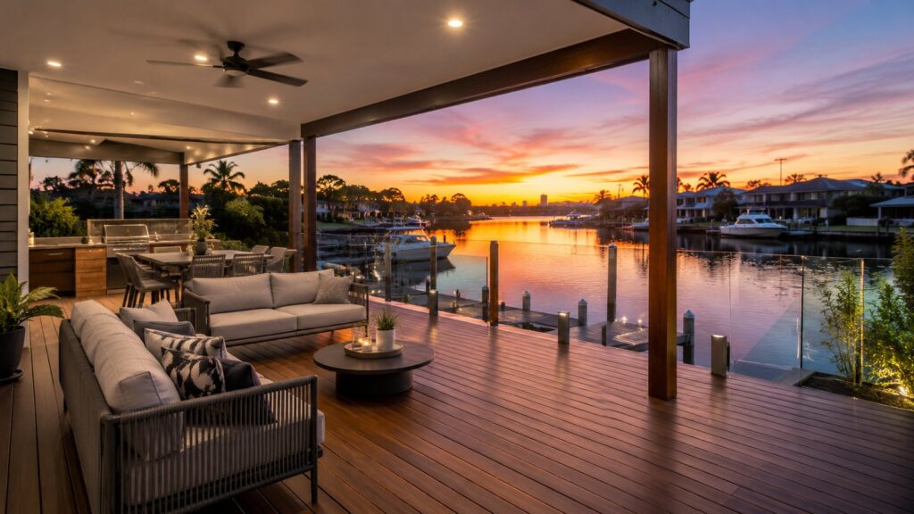 Deck Builders Runaway Bay 2 Luxury timber waterfront deck in Runaway Bay overlooking a canal at sunset.